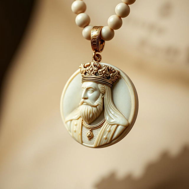 A beautifully crafted cream-colored stone necklace featuring an intricately designed pendant of the head of an Iranian king, showcasing fine details including royal attire and ornate crown