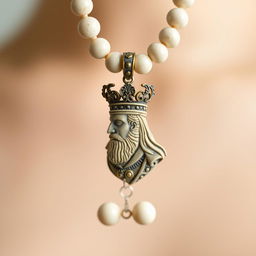 A beautifully crafted cream-colored stone necklace featuring an intricately designed pendant of the head of an Iranian king, showcasing fine details including royal attire and ornate crown