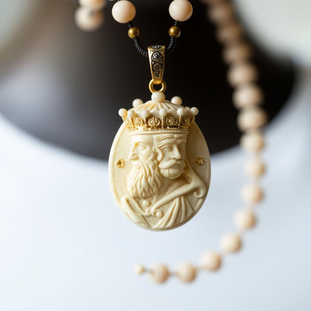 A beautifully crafted cream-colored stone necklace featuring an intricately designed pendant of the head of an Iranian king, showcasing fine details including royal attire and ornate crown