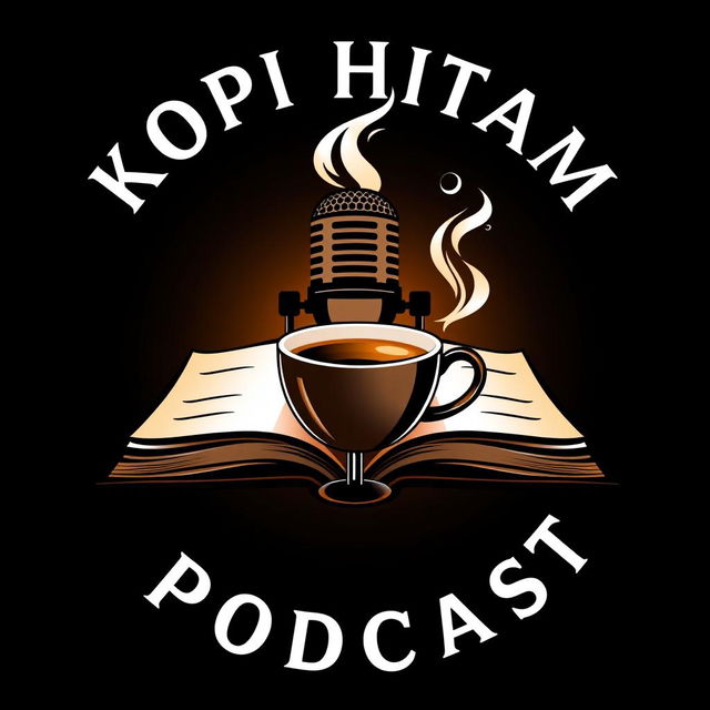 A logo design for 'KOPI HITAM PODCAST', featuring a stylish microphone integrated seamlessly with a steaming cup of coffee, placed next to an open book