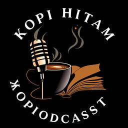 A logo design for 'KOPI HITAM PODCAST', featuring a stylish microphone integrated seamlessly with a steaming cup of coffee, placed next to an open book