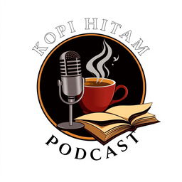 A logo design for 'KOPI HITAM PODCAST', featuring a stylish microphone integrated seamlessly with a steaming cup of coffee, placed next to an open book