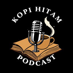 A logo design for 'KOPI HITAM PODCAST', featuring a stylish microphone integrated seamlessly with a steaming cup of coffee, placed next to an open book