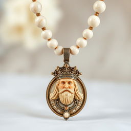 A stunning cream-colored stone necklace featuring an ornate pendant of an Iranian king's head