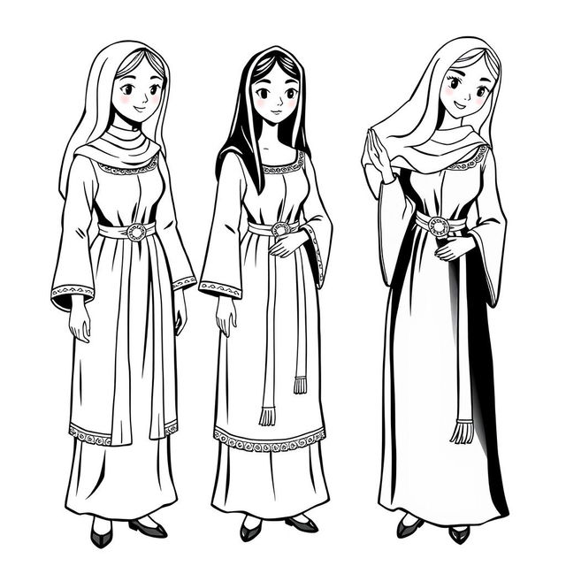 A whimsical illustration of medieval women in long ankle-length tunics, fitted at the torso with long sleeves that widen at the wrists