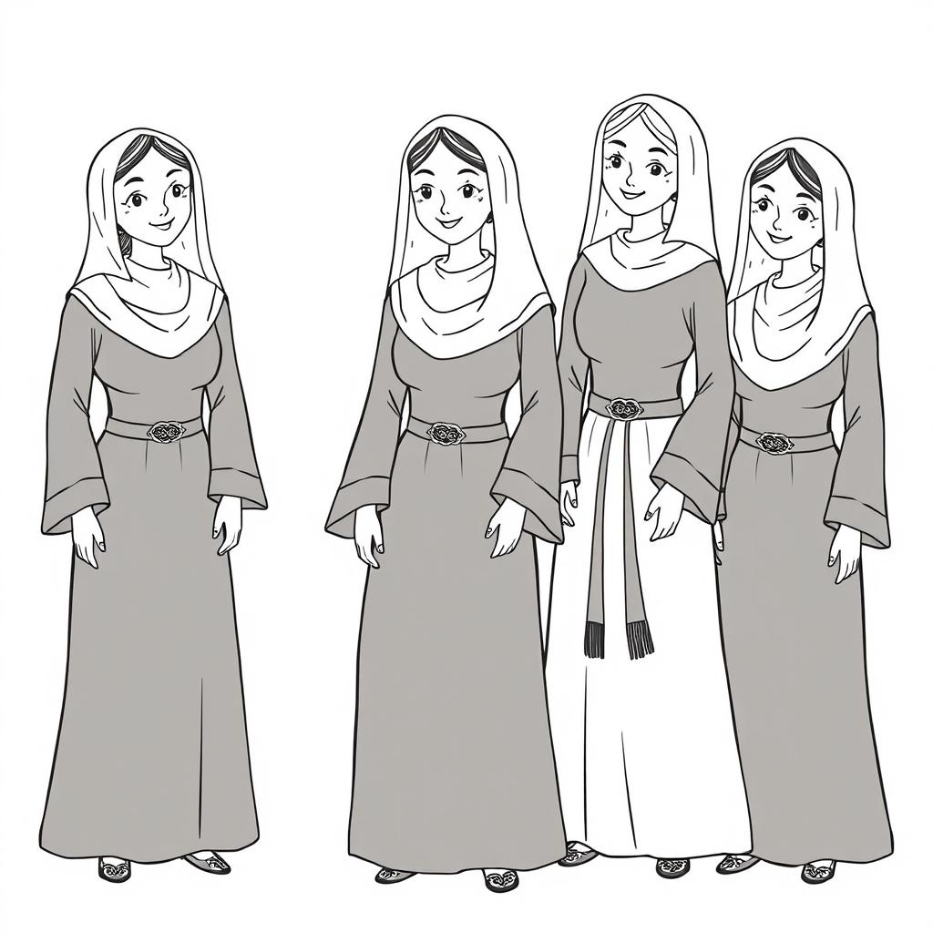 A whimsical illustration of medieval women in long ankle-length tunics, fitted at the torso with long sleeves that widen at the wrists