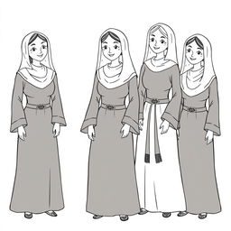 A whimsical illustration of medieval women in long ankle-length tunics, fitted at the torso with long sleeves that widen at the wrists