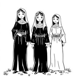 A whimsical illustration of medieval women in long ankle-length tunics, fitted at the torso with long sleeves that widen at the wrists