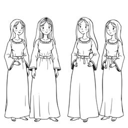 A whimsical illustration of medieval women in long ankle-length tunics, fitted at the torso with long sleeves that widen at the wrists