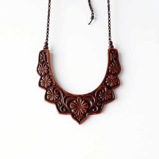 A stunning wooden necklace with intricate carvings, featuring a design inspired by the opulent colors associated with a Persian king's crown, specifically in a rich maroon color