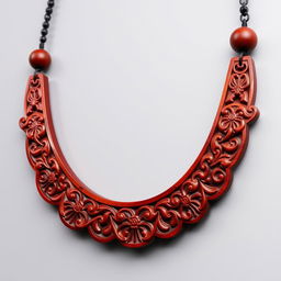 A stunning wooden necklace with intricate carvings, featuring a design inspired by the opulent colors associated with a Persian king's crown, specifically in a rich maroon color