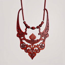 A stunning wooden necklace with intricate carvings, featuring a design inspired by the opulent colors associated with a Persian king's crown, specifically in a rich maroon color