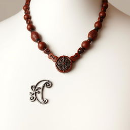 A stunning wooden necklace with intricate carvings, featuring a design inspired by the opulent colors associated with a Persian king's crown, specifically in a rich maroon color