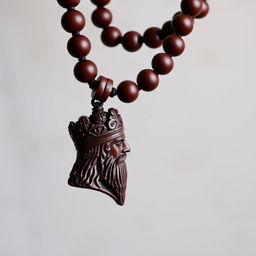 A beautifully crafted maroon-colored wooden necklace featuring a detailed pendant shaped like the head of a majestic Persian king