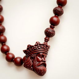 A beautifully crafted maroon-colored wooden necklace featuring a detailed pendant shaped like the head of a majestic Persian king