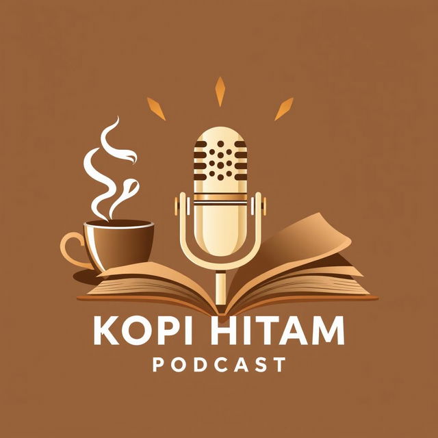 A logo design for 'KOPI HITAM PODCAST' that creatively combines a microphone, a steaming coffee cup, and an open book