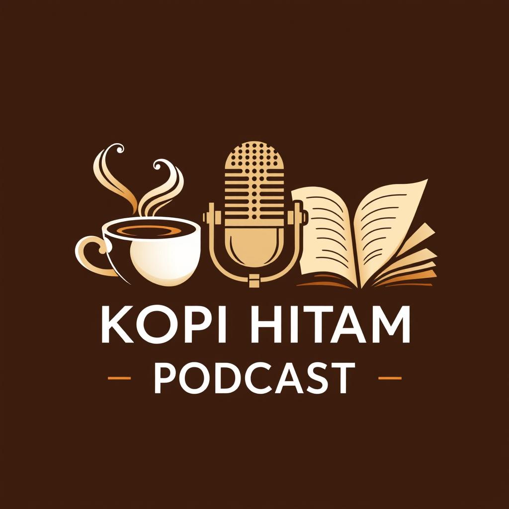 A logo design for 'KOPI HITAM PODCAST' that creatively combines a microphone, a steaming coffee cup, and an open book