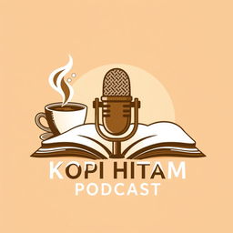 A logo design for 'KOPI HITAM PODCAST' that creatively combines a microphone, a steaming coffee cup, and an open book