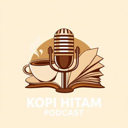 A logo design for 'KOPI HITAM PODCAST' that creatively combines a microphone, a steaming coffee cup, and an open book