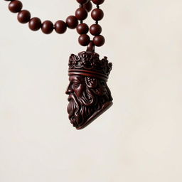 A beautifully crafted maroon-colored wooden necklace featuring a detailed pendant shaped like the head of a majestic Persian king