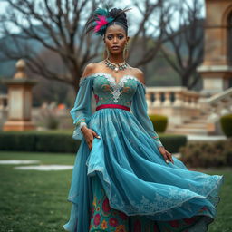 A stunning adult female model wearing a unique outfit that blends the elegance of Fontaine with the vibrant spirit of Natlan