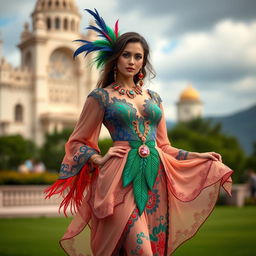A stunning adult female model wearing a unique outfit that blends the elegance of Fontaine with the vibrant spirit of Natlan