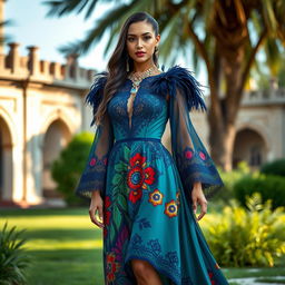 A stunning adult female model wearing a unique outfit that blends the elegance of Fontaine with the vibrant spirit of Natlan