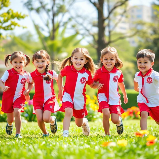 A lively and cheerful scene featuring three little girls and two little boys, all wearing bright red and white uniforms