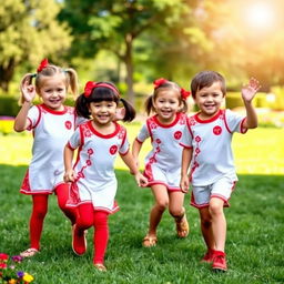 A lively and cheerful scene featuring three little girls and two little boys, all wearing bright red and white uniforms