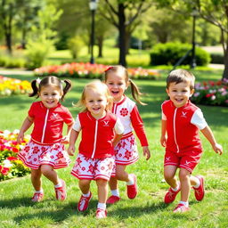 A lively and cheerful scene featuring three little girls and two little boys, all wearing bright red and white uniforms