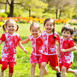A lively and cheerful scene featuring three little girls and two little boys, all wearing bright red and white uniforms