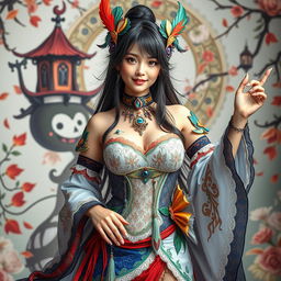A captivating adult female model dressed as a Genshin Impact character, showcasing a unique hybrid design that merges the elegant style of Fontaine with the vibrant aesthetics of Natlan
