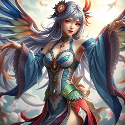 A captivating adult female model dressed as a Genshin Impact character, showcasing a unique hybrid design that merges the elegant style of Fontaine with the vibrant aesthetics of Natlan