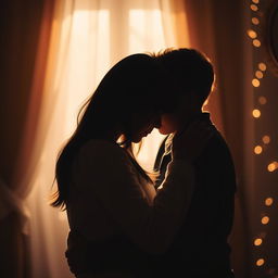 A romantic scene featuring a young couple embracing in a soft, intimate setting