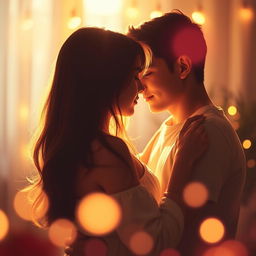 A romantic scene featuring a young couple embracing in a soft, intimate setting