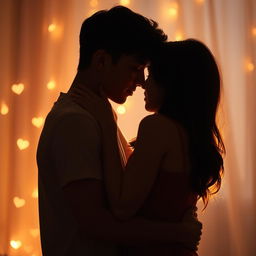 A romantic scene featuring a young couple embracing in a soft, intimate setting