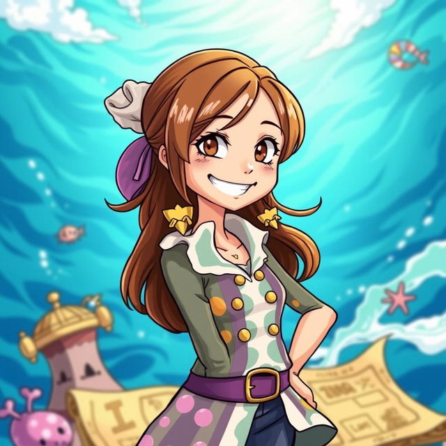 A girl with brown hair in the distinctive drawing style of One Piece, featuring exaggerated expressions and features, wearing a vibrant pirate outfit with a playful design, set against a bright and adventurous ocean background