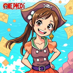 A girl with brown hair in the distinctive drawing style of One Piece, featuring exaggerated expressions and features, wearing a vibrant pirate outfit with a playful design, set against a bright and adventurous ocean background