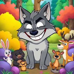 A cartoon wolf laughing mockingly at various animals in a playful forest setting