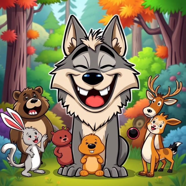 A cartoon wolf laughing mockingly at various animals in a playful forest setting