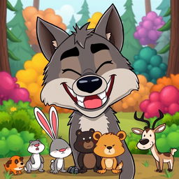 A cartoon wolf laughing mockingly at various animals in a playful forest setting
