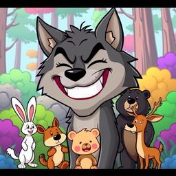 A cartoon wolf laughing mockingly at various animals in a playful forest setting