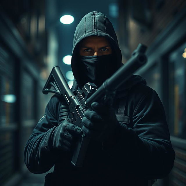 A mysterious man wearing a mask, holding a rifle in a gripping pose