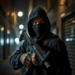 A mysterious man wearing a mask, holding a rifle in a gripping pose