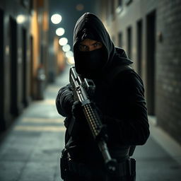 A mysterious man wearing a mask, holding a rifle in a gripping pose