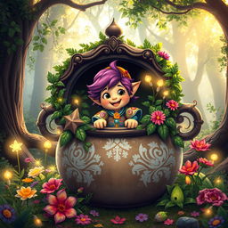 A fantastical scene featuring a whimsical character inside a large, ornate pot
