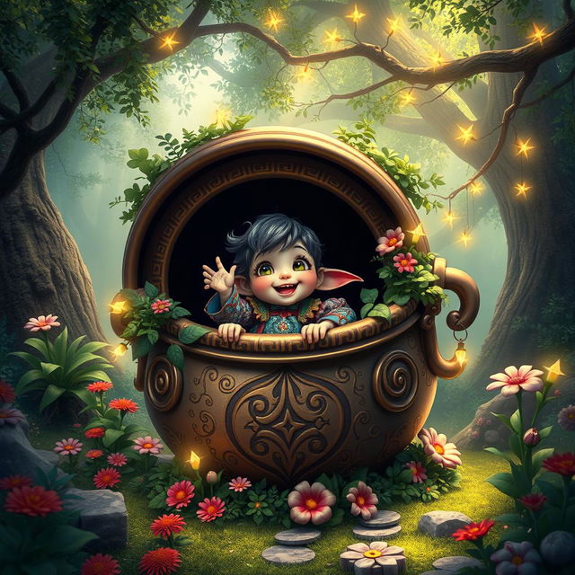 A fantastical scene featuring a whimsical character inside a large, ornate pot