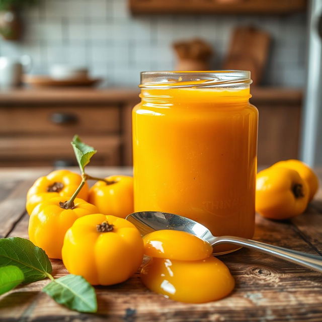 A beautifully arranged jar of chontaduro jam, showcasing its vibrant yellow-orange color