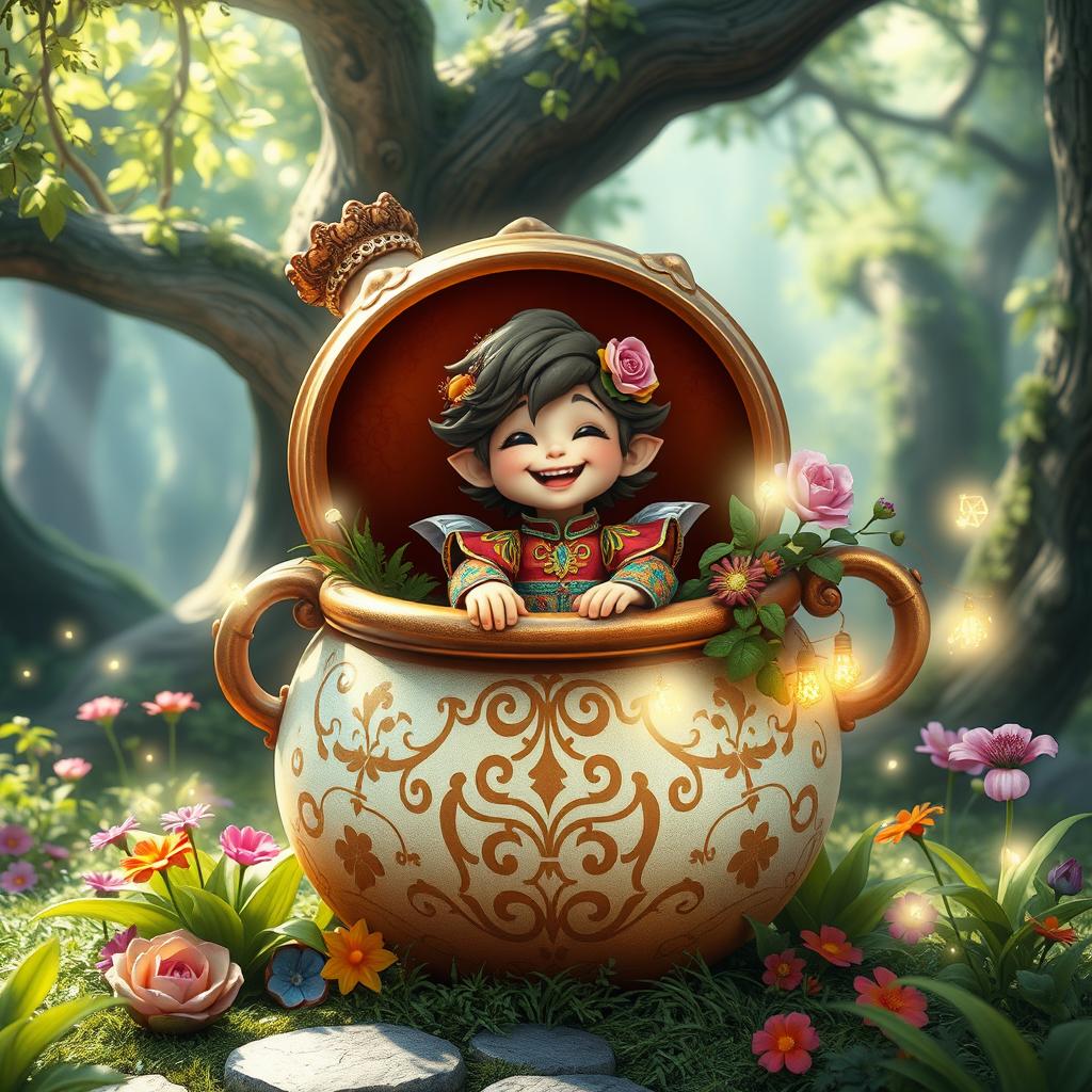 A fantastical scene featuring a whimsical character inside a large, ornate pot