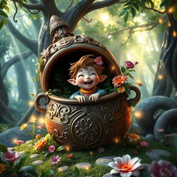 A fantastical scene featuring a whimsical character inside a large, ornate pot